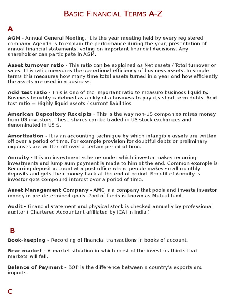 Finance Terminology - List of Financial Terms With Examples | PDF ...