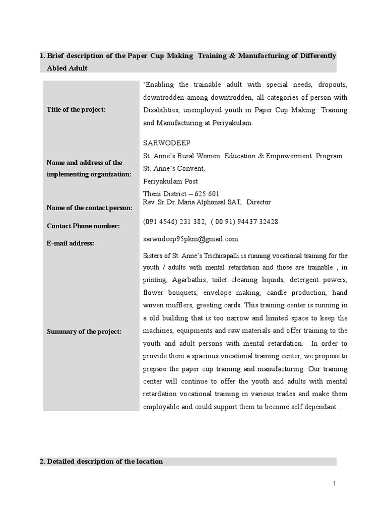 Paper Cup Making Proposal PDF Disability Intellectual Disability
