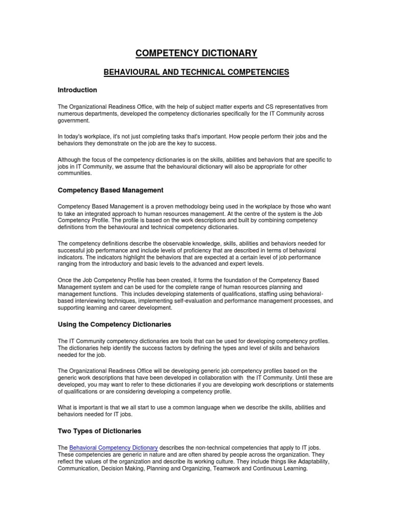 Competency Dictionary | PDF | Competence (Human Resources) | Goal