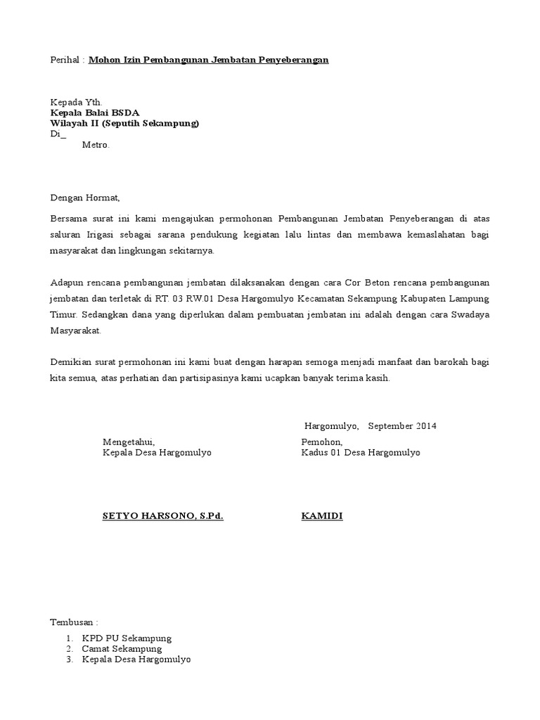 contoh Surat Pemohonan Izin Pembangunan Jembatan