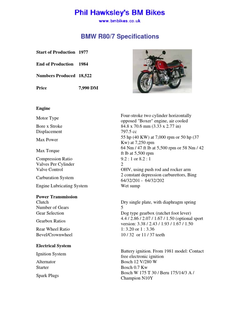 BMW R80/7 Specifications | PDF | Transmission (Mechanics