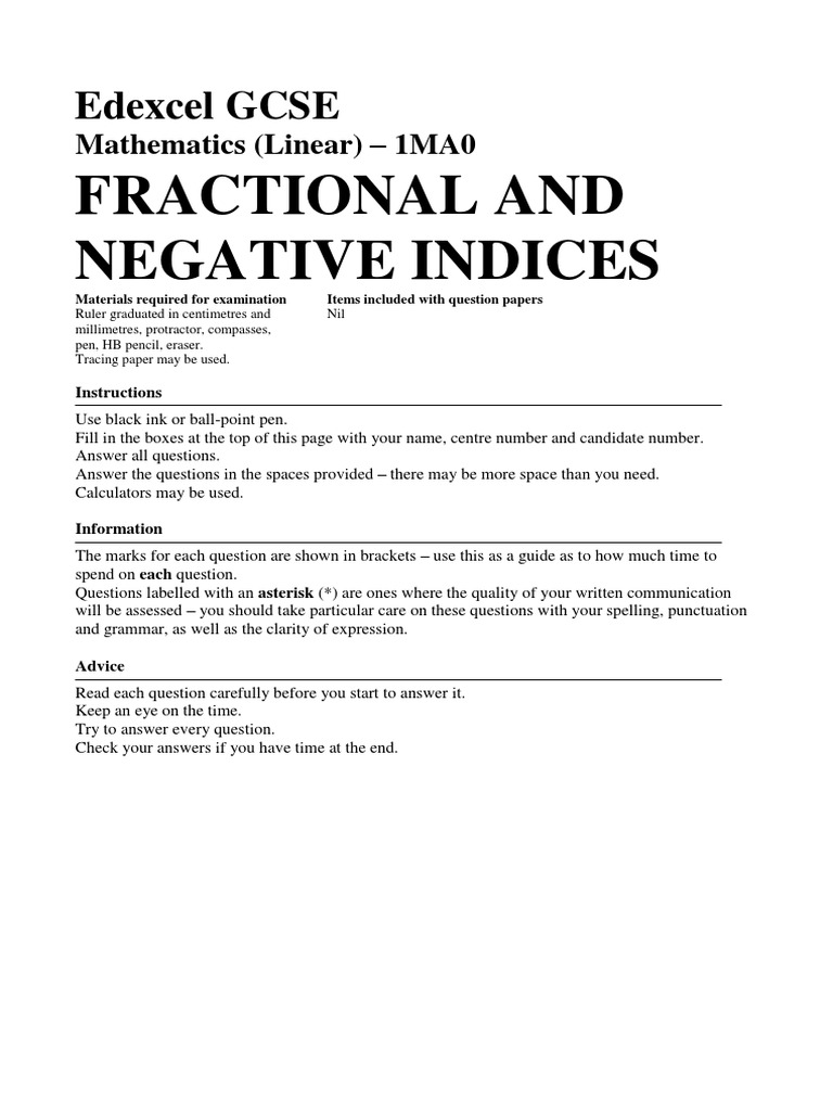 Fractional indices worksheet pdf image