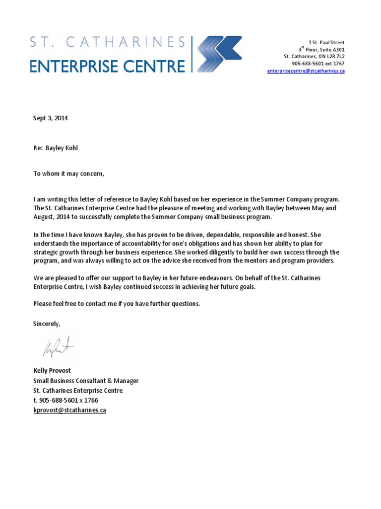 Reference Letter for Bayley Kohl | PDF | Finance & Money Management