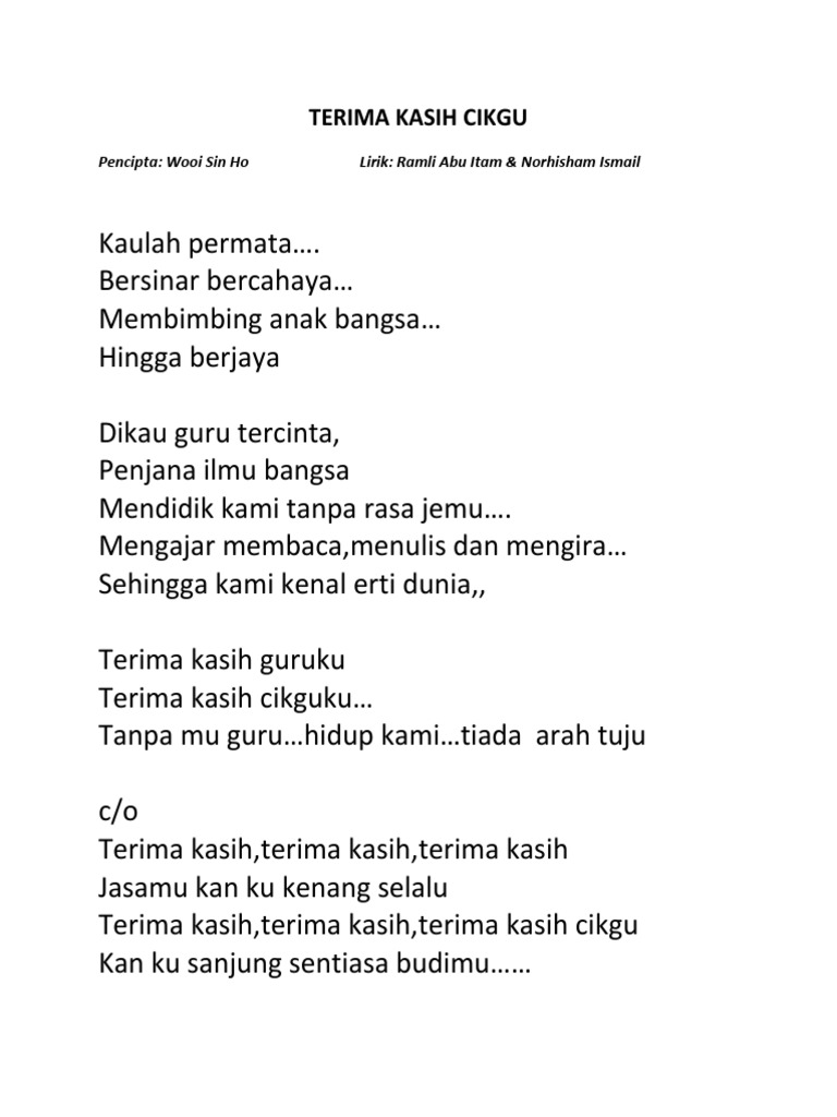 Lirik Terima Kasih Cikgu Pdf