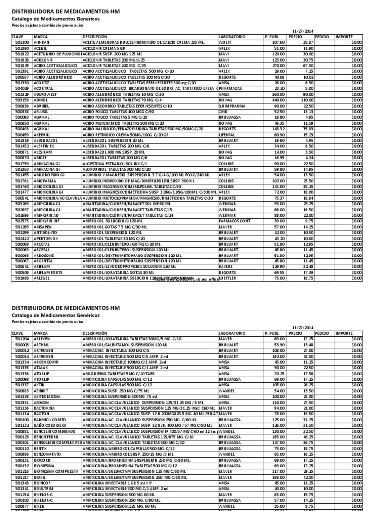 Lista De Precios Genericos