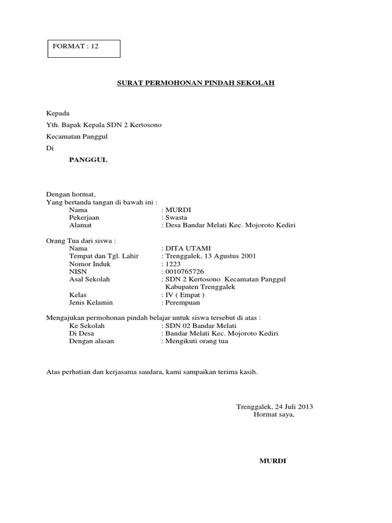 Contoh Surat Permohonan Pindah Sekolah Tk