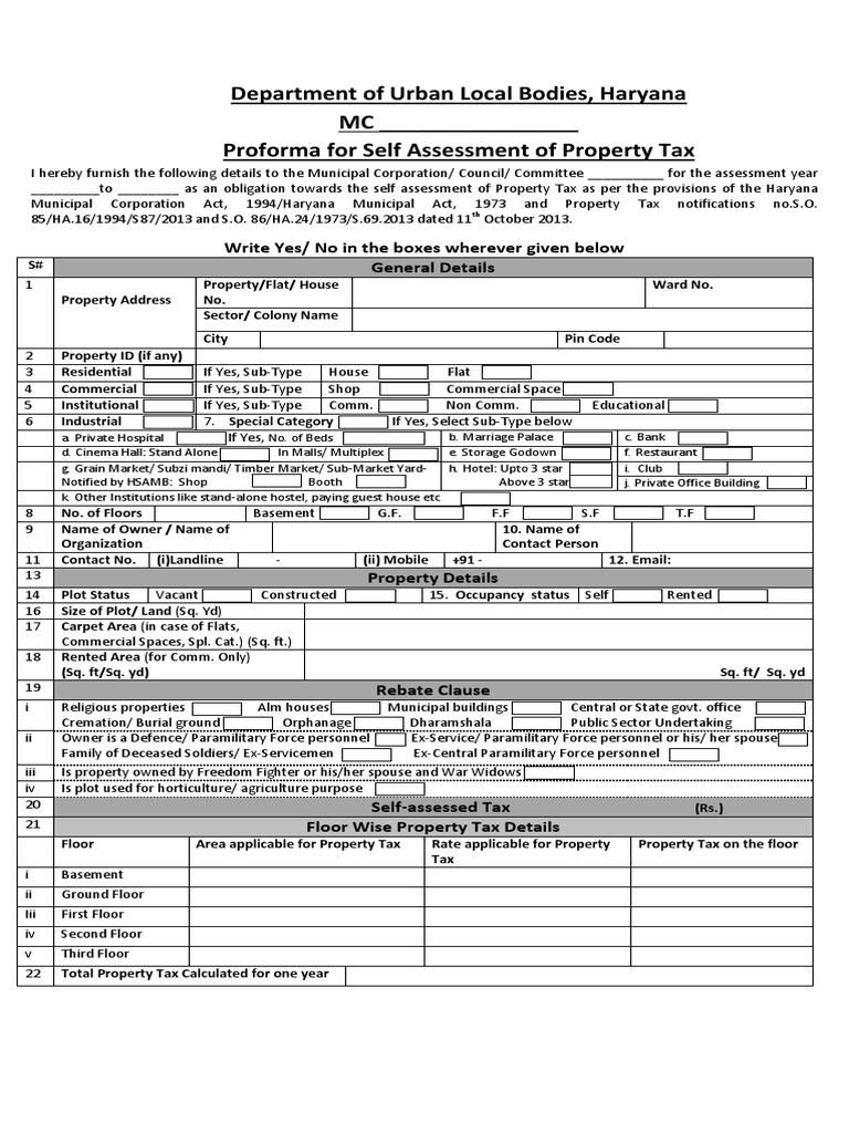 Self Declaration For Propertytax Self Assessment Pro Form A | PDF 