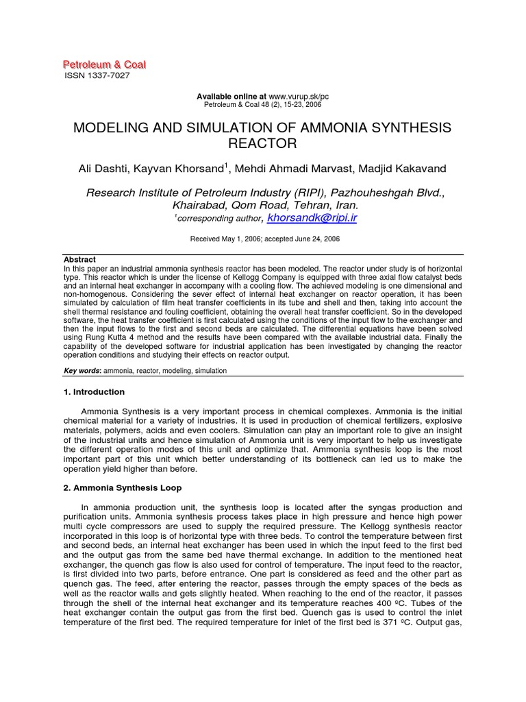 Ammonia Synthesis Reactor Modeling | PDF