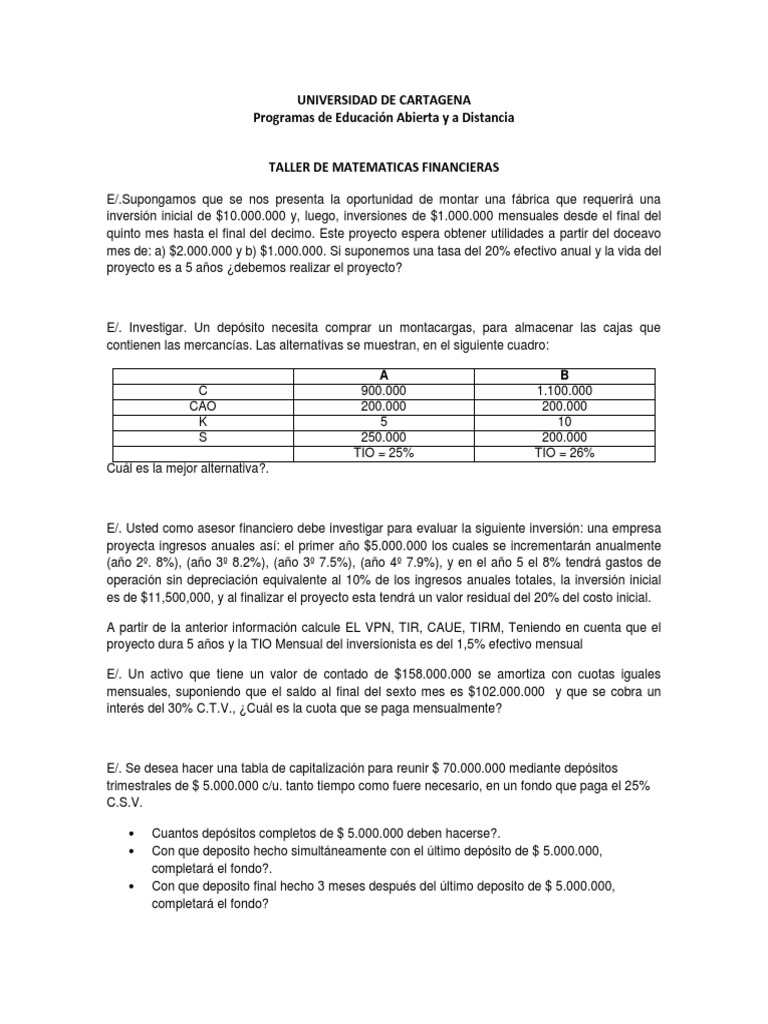 Taller de Matemáticas Financieras | PDF | Euro | Finanzas Matemáticas
