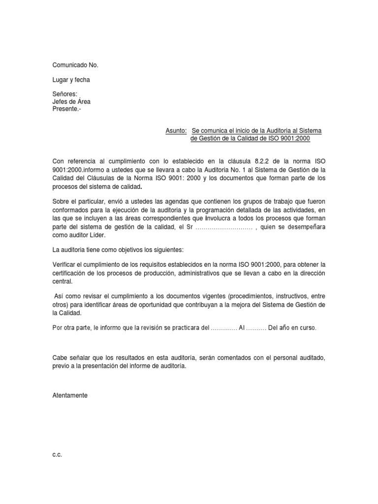 Carta Inicio de Auditoria SGC