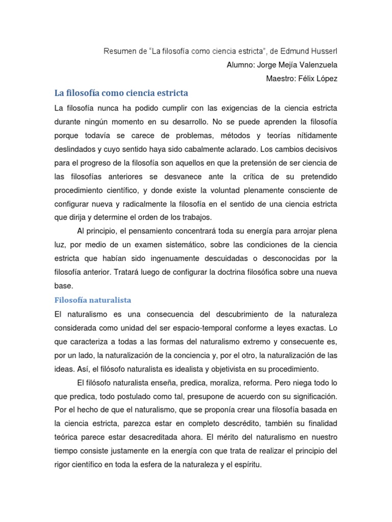 Resumen de La Filosofia Como Ciencia Estricta Edmund Husserl PDF
