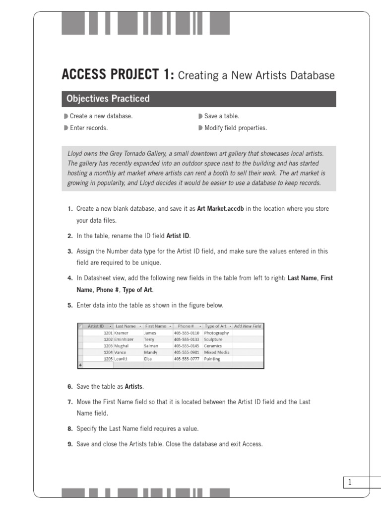 Access Project 1:: Creating A New Artists Database | PDF