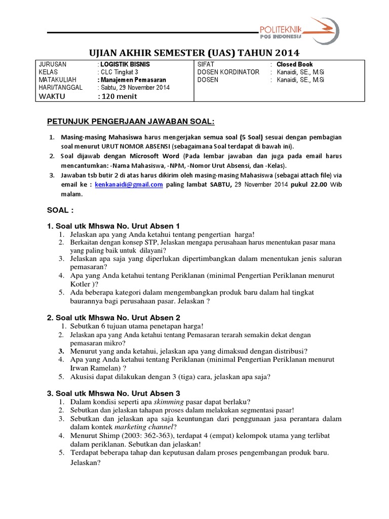 Soal Uas Pemasaran Logistic Clc D4 Lb Tahun 2014