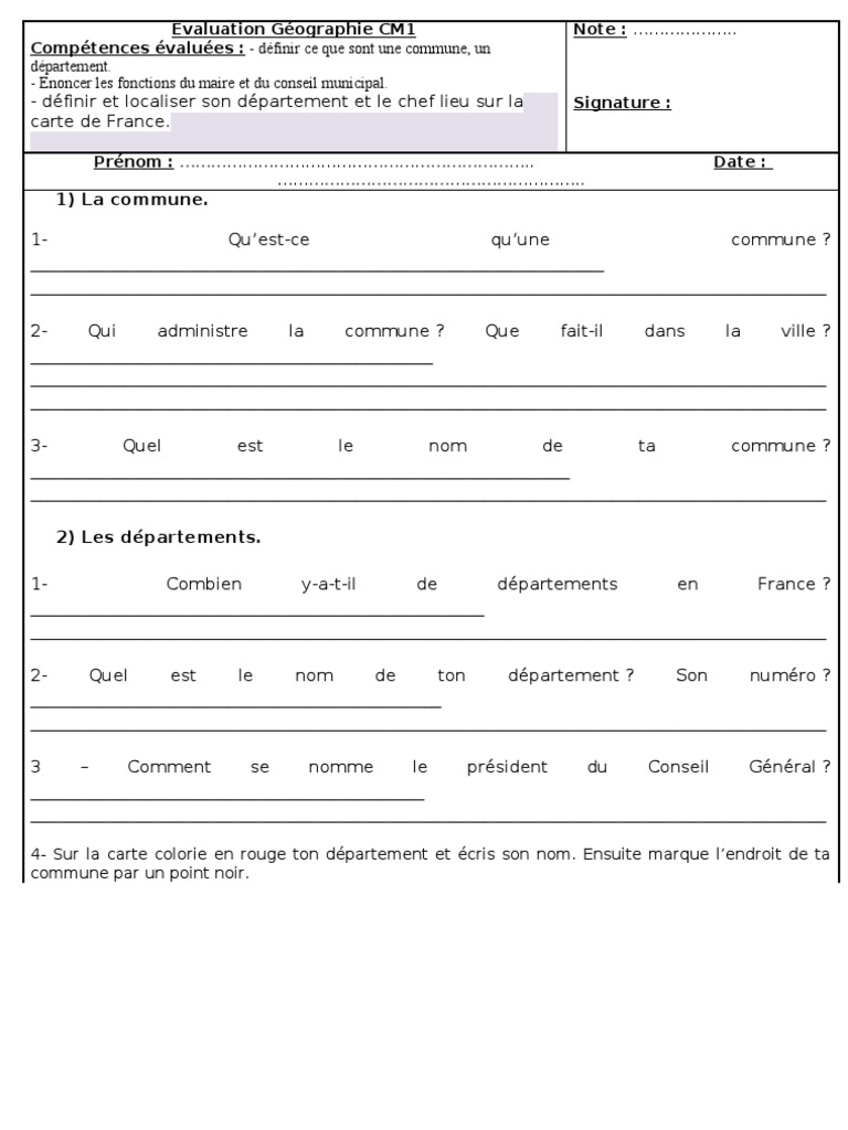 Evaluation Cm1 Geographie Le Lieu Ou J Habite Evaluation Géographie CM1 Compétences évaluées