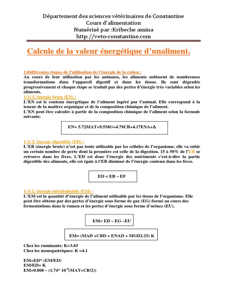 21 Calcule de La Valeur Énergétique Lipide Métabolisme