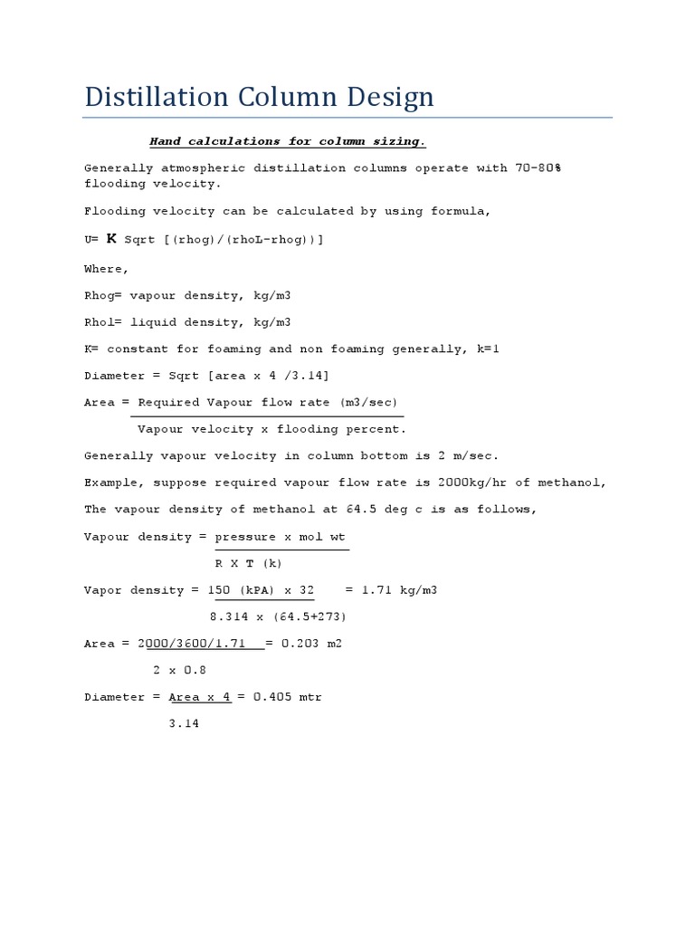 Distillation Column Design Hand calculations for column sizing