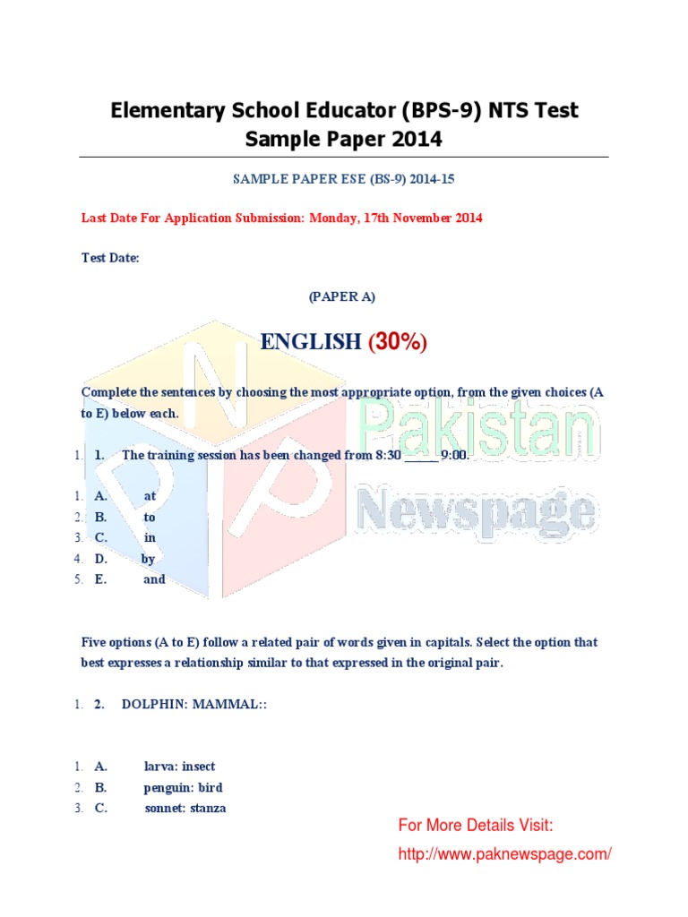 Elementary Teacher Test Sample Paper | PDF