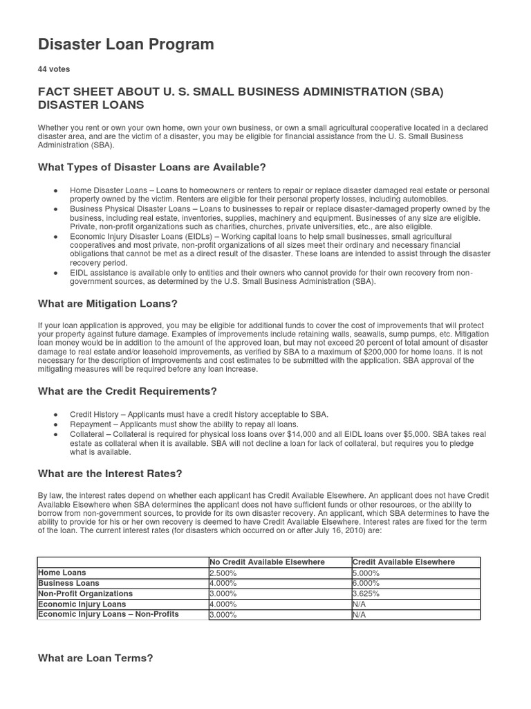 Disaster Loan Program Fact Sheet About U. S. Small Business