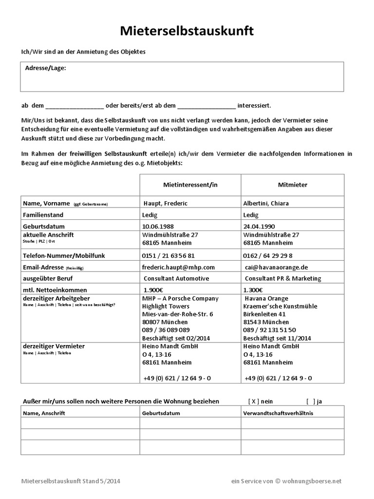 Mieter Selbstauskunft Muster Word