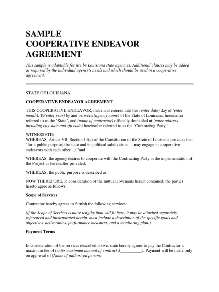 Sample Cooperative Endeavor Agreement PDF Rehabilitation Act Of