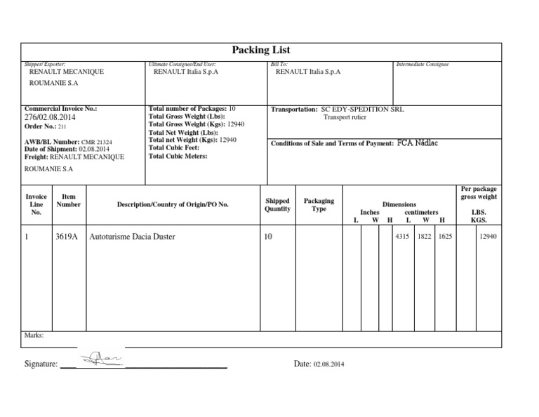 Renault Shipment Packing List | PDF