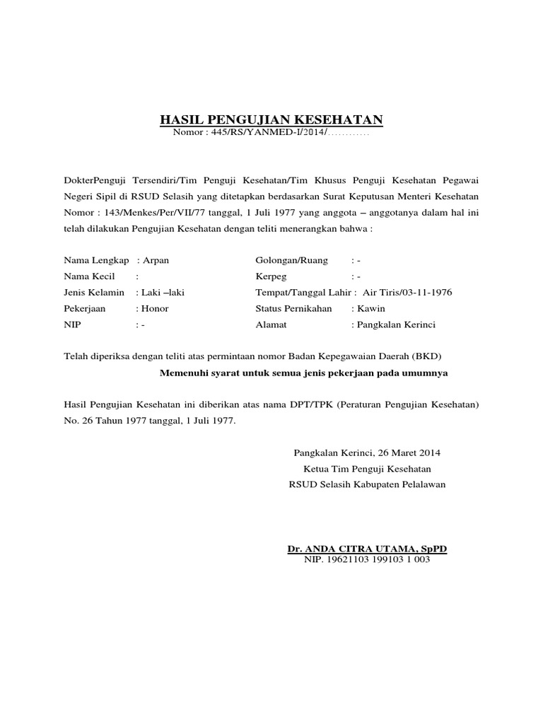 Hasil Pengujian Kesehatan | PDF