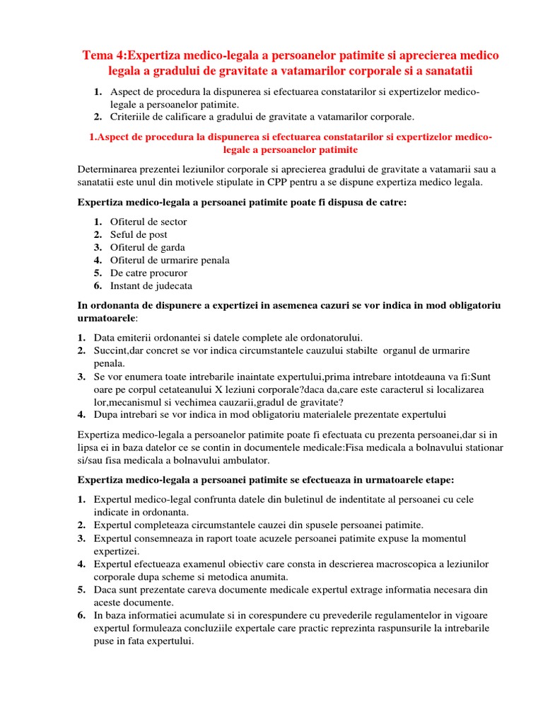 Tema 4 Expertiza Medico Legala A Persoanelor Patimite Si Aprecierea Medico Legala A Gradului De Gravitate A Vatamarilor Corporale Si A Sanatatii