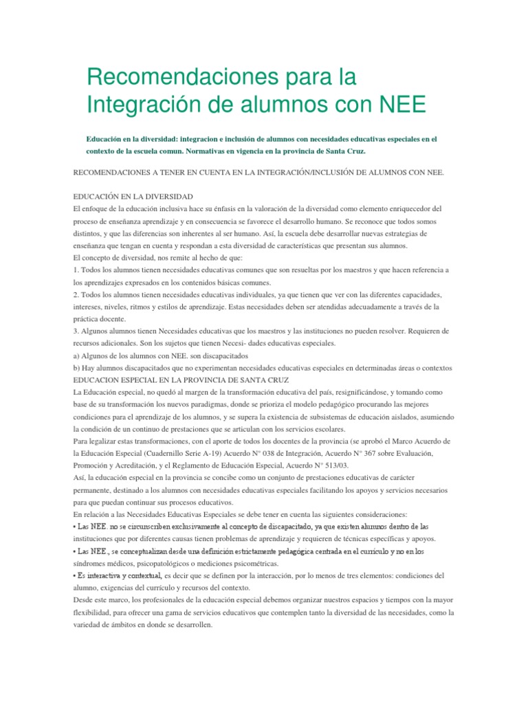 Inclusión de Alumnos con NEE en Santa Cruz | PDF | Educación especial ...