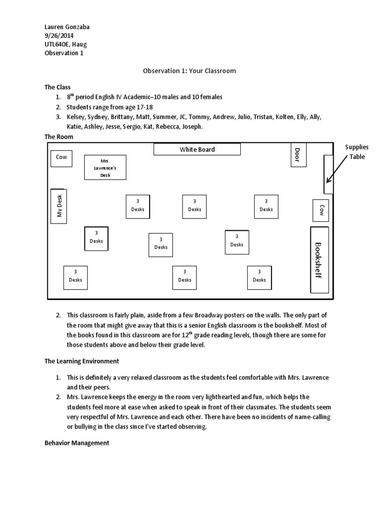 Observation 1: Your Classroom: The Class | PDF | Language Arts & Discipline