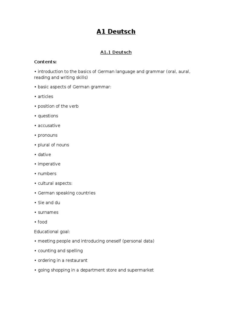 German A1 Language Course Overview | PDF