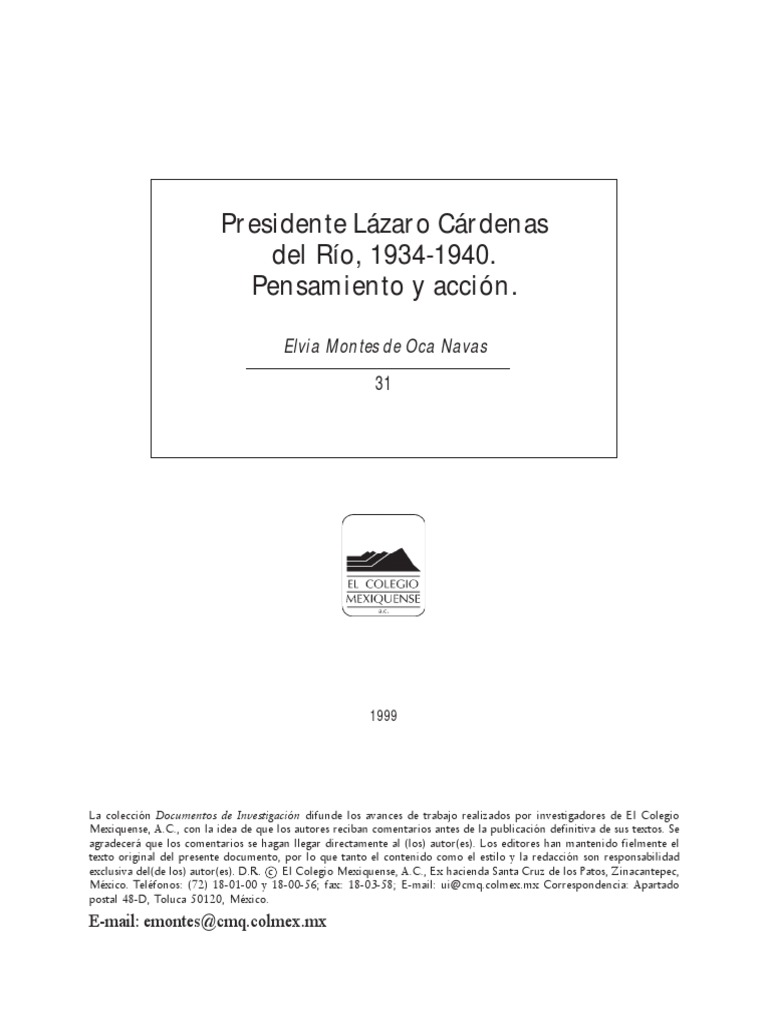 Presidente Lázaro Cárdenas Del Río, 19341940. Pensamiento y Acción PDF