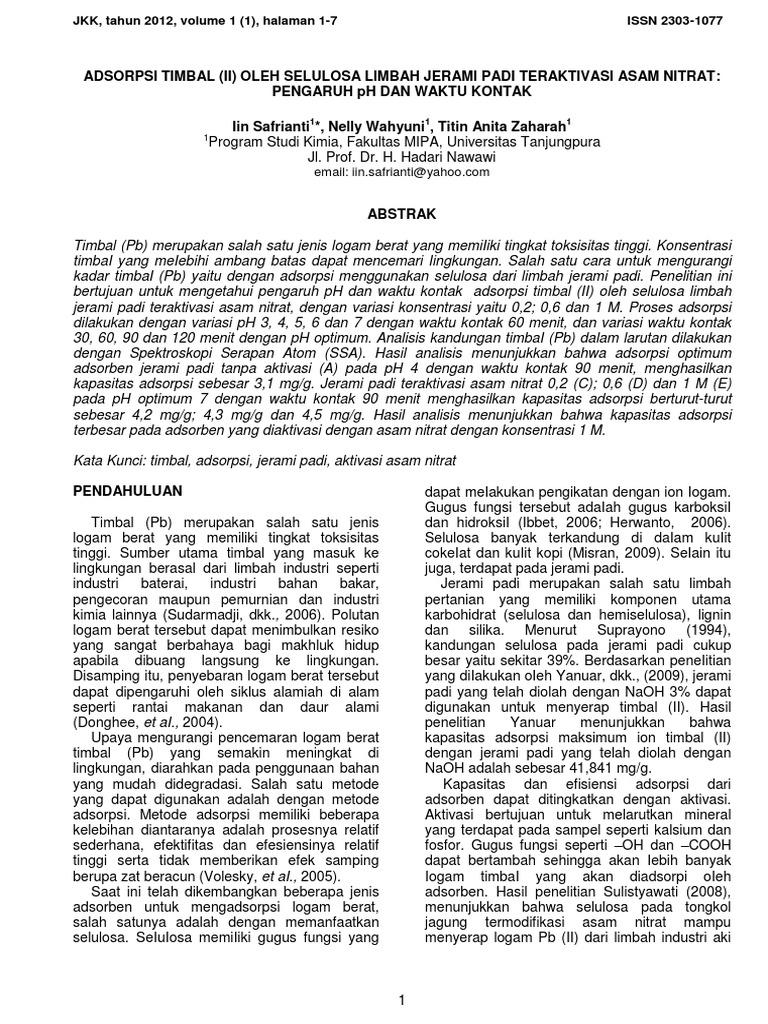 Adsorpsi Timbal (Ii) Oleh Selulosa Limbah Jerami Padi Teraktivasi Asam