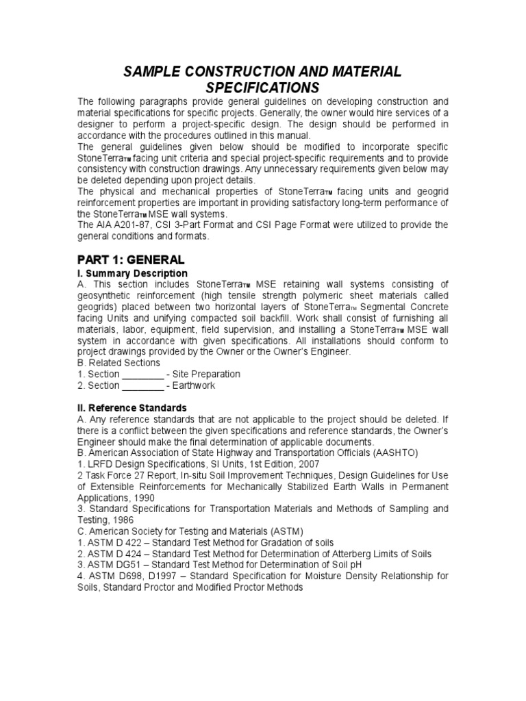 Sample Construction and Material Specifications Geotechnical