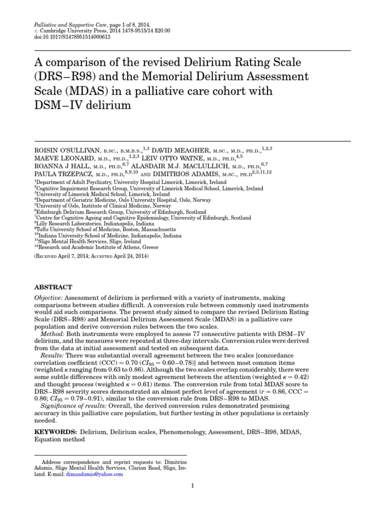 Comparing DRS-R98 and MDAS in Delirium | PDF | Psychiatry | Diagnostic ...