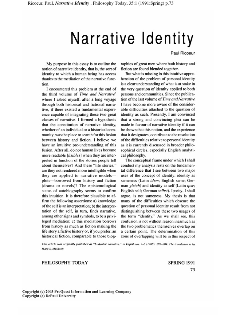 Paul Ricoeur Narrative Identity