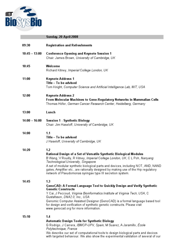 Synthetic Biology Conference Agenda 2008 | PDF | Bioinformatics ...