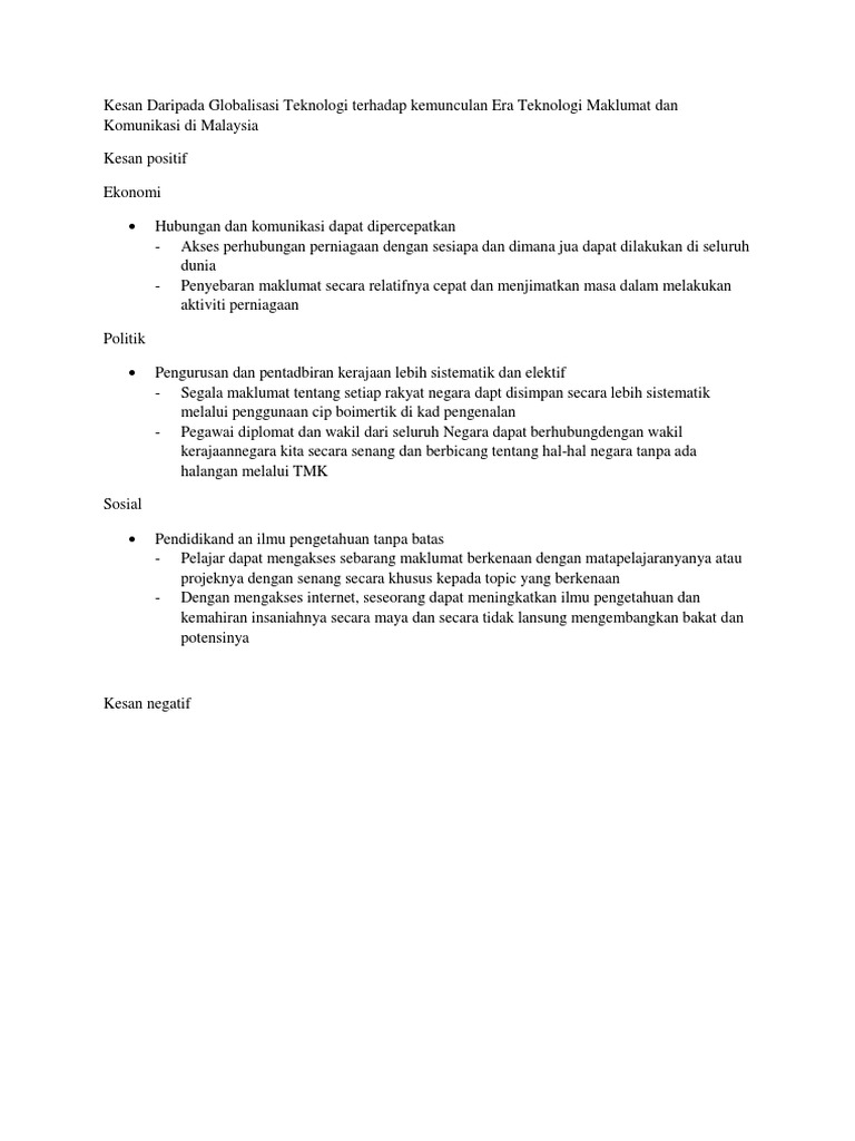 Kesan Daripada Globalisasi Teknologi Terhadap Kemunculan Era Teknologi Maklumat Dan Komunikasi Di Malaysia