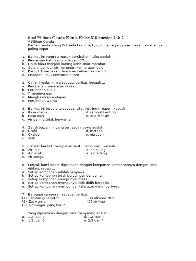 Soal Pilihan Ganda Kimia Kelas X Semester 1