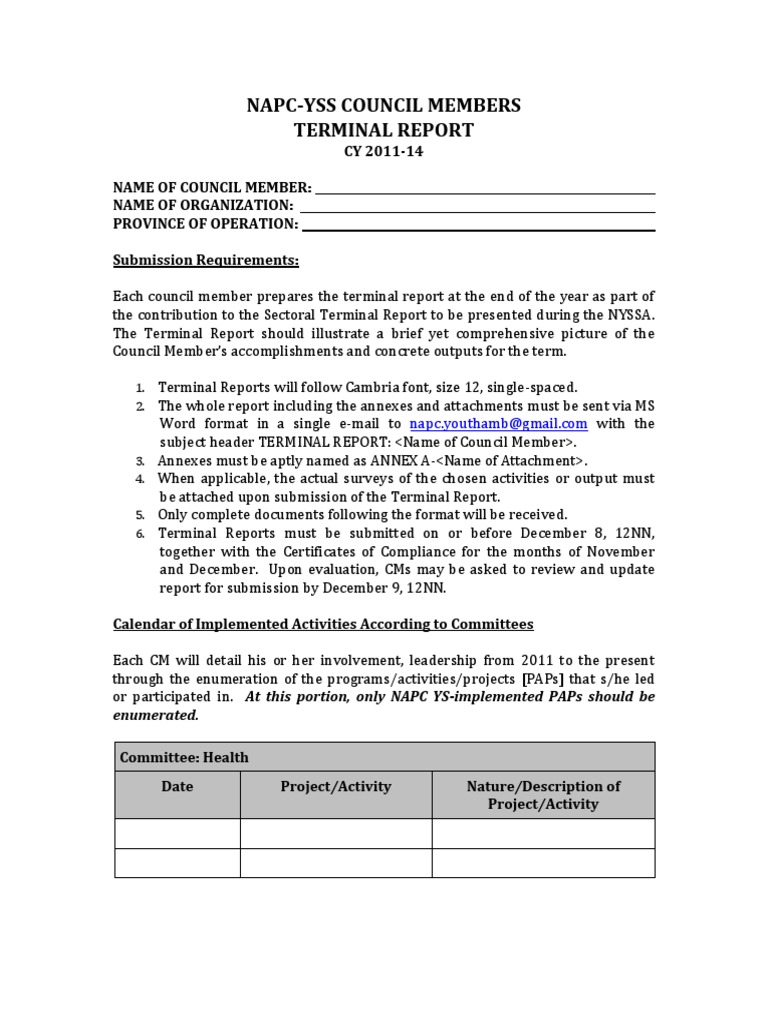 NAPC-YSS Council Members Terminal Report | PDF | Government | Public Sphere