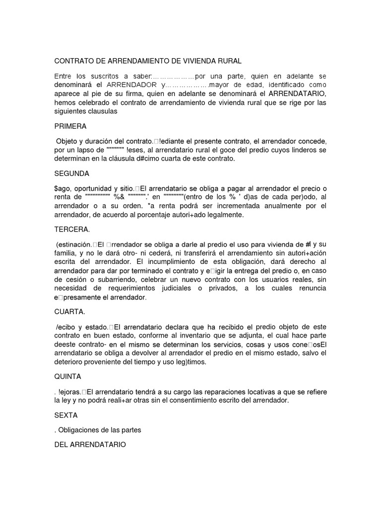 Contrato De Arrendamiento De Vivienda Rural Docx Alquiler Gobierno