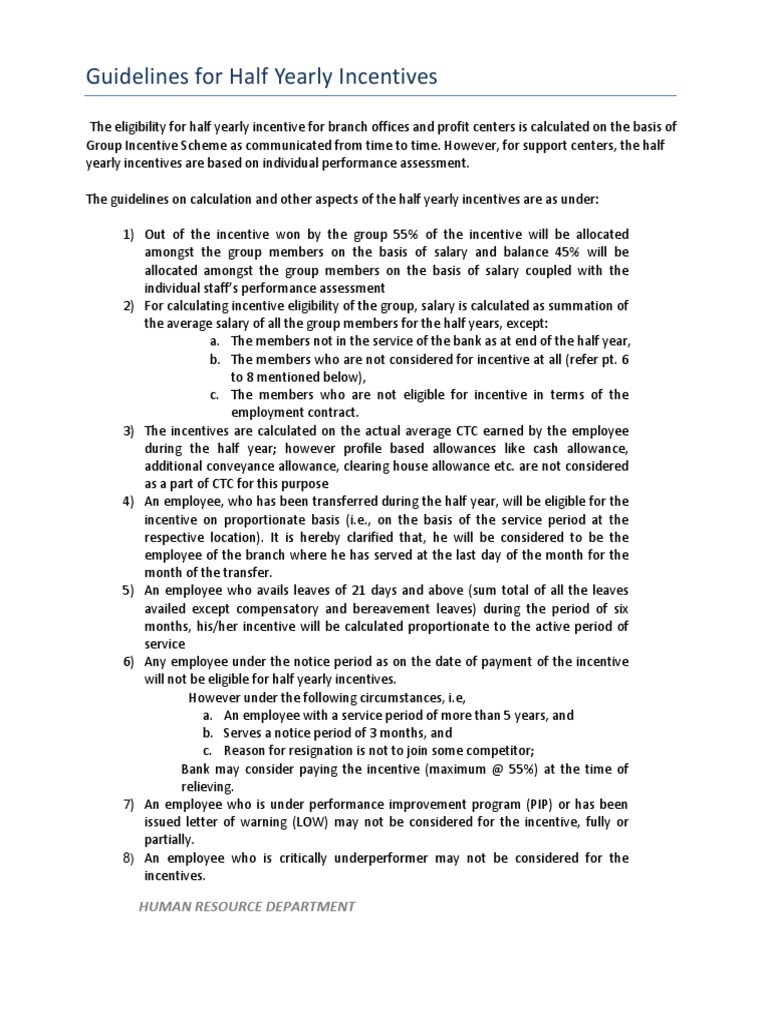 Half Yearly Incentive Guidelines | PDF | Incentive | Salary