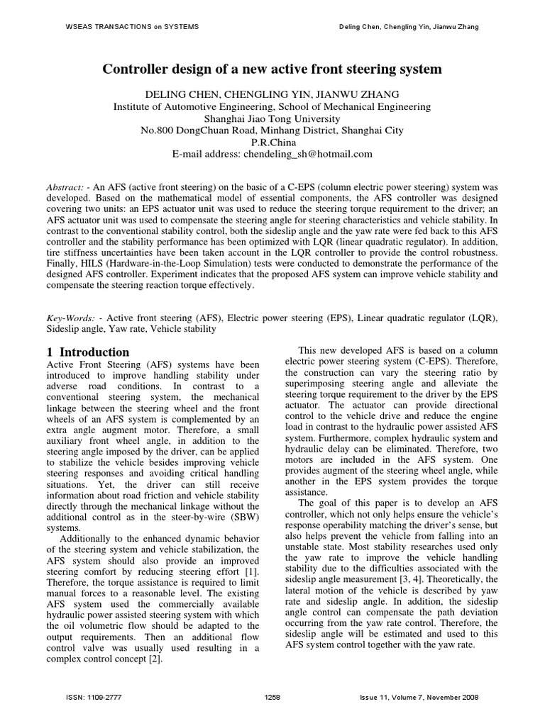 Active Front Steering System Controller Design | PDF | Flight Dynamics ...