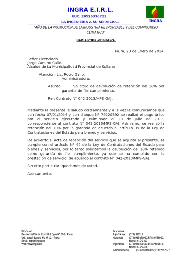 Carta para Solicitar Devolución de Garantia  PDF