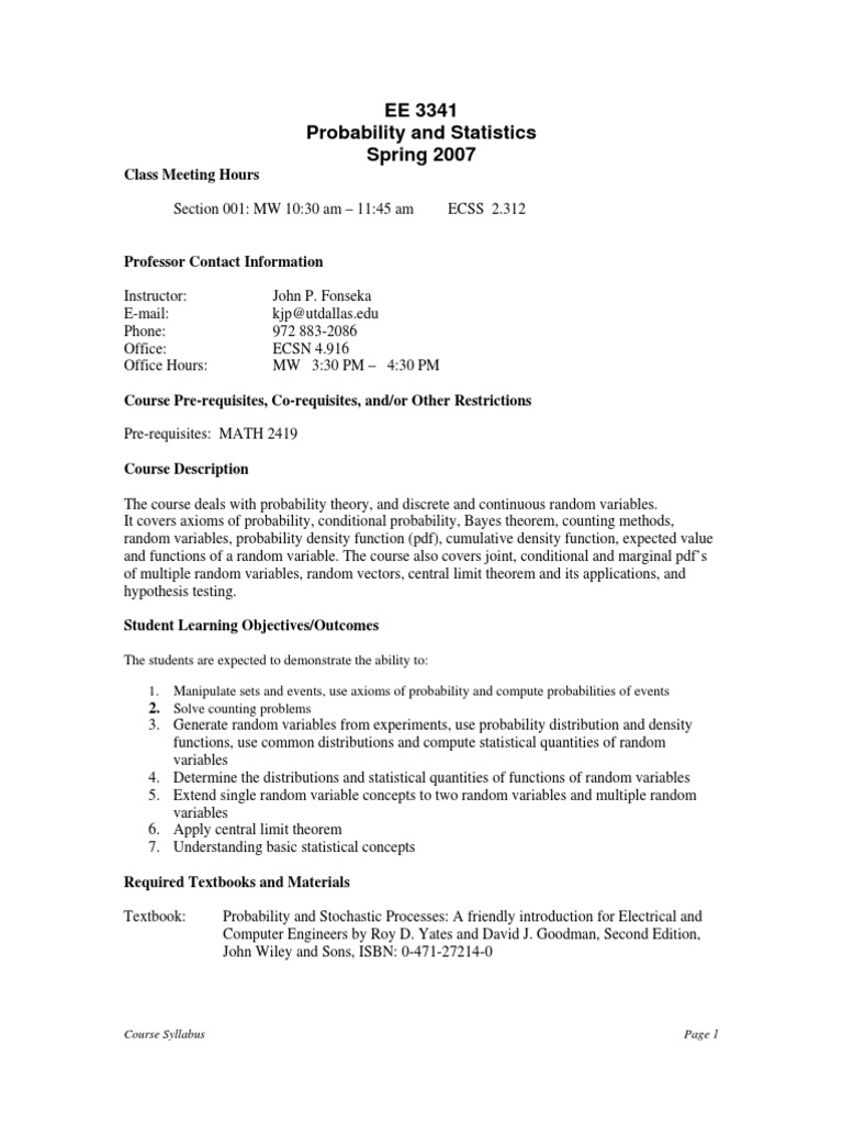 EE 3341 Probability and Statistics Syllabus | PDF | Probability Theory ...