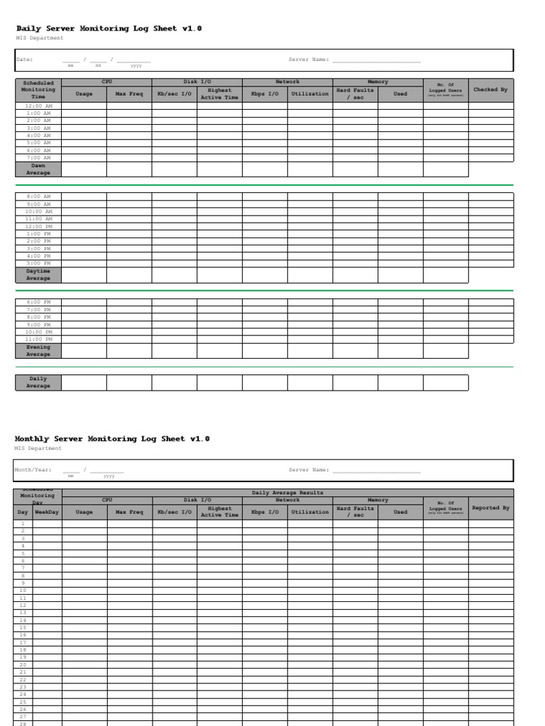 Daily Server Monitoring Log Sheet | PDF | Computers