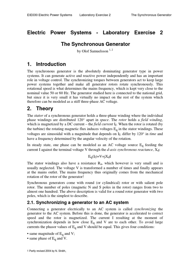 Synchronous Generator Lab Exercise | PDF | Electric Generator | Mains ...