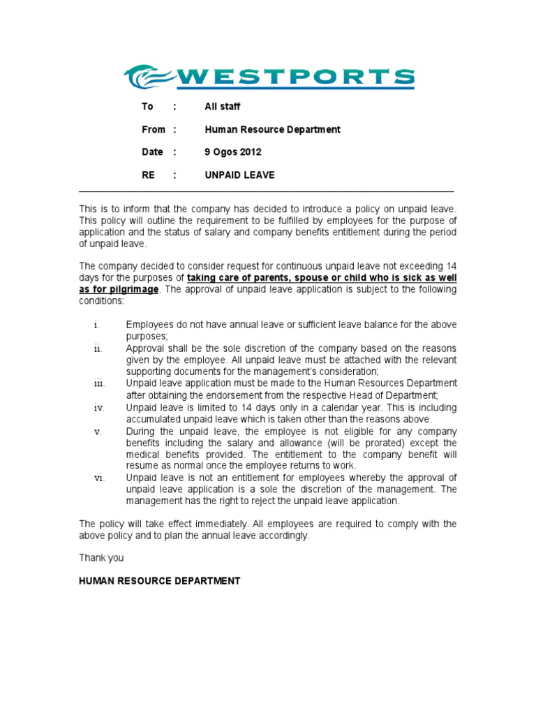 Memo Unpaidleave | PDF | Career & Growth | Business