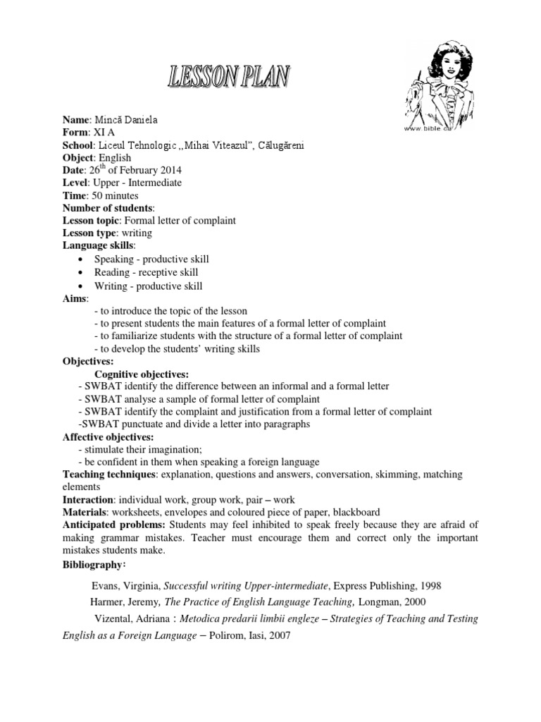 Formal Letter of Complaint Lesson Plan | PDF | Worksheet | Teachers