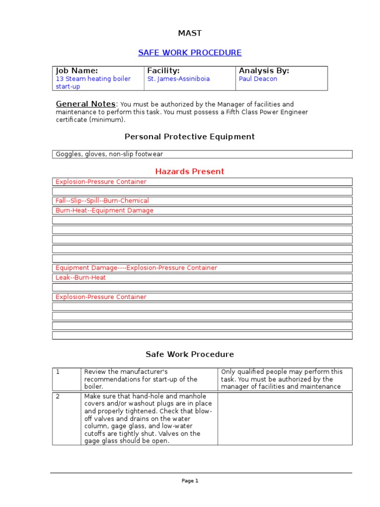 Steam Heating Boiler StartupMAST SAFE WORK PROCEDURE PDF Boiler