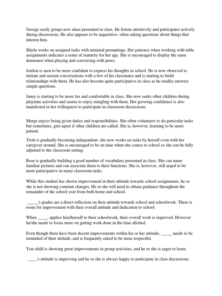 Report Card Remarks Pdf Homework Classroom